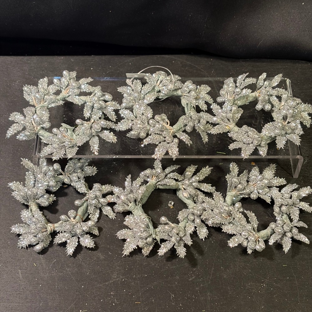 Silver Glitter Berry Leaf Napkin Rings Set of 6 Holiday Christmas Table Decor